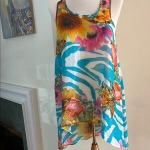 Blue Orange Sleeveless Graphic Tank Coverup Size S (Fits S-M)